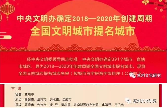 武威入选全国文明城市提名城市！城市品牌再次打响！